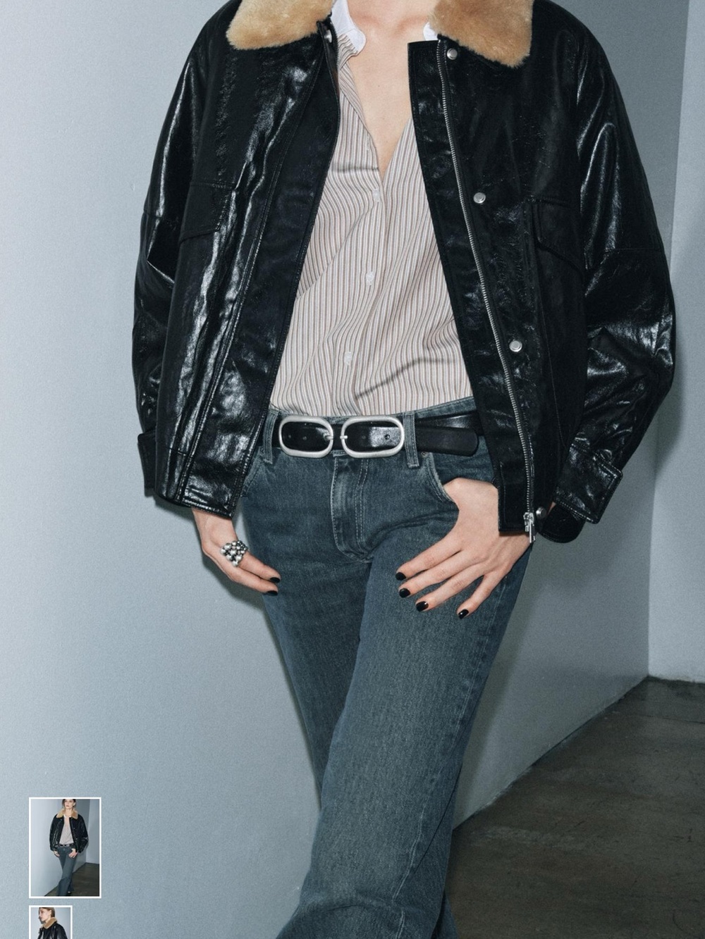 Zara Black Faux Leather Jacket with Tan Shearling Collar